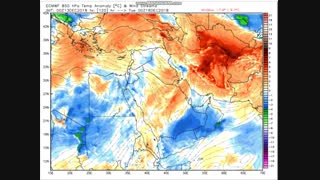 الگوی آنومالی دما هوا تراز 850 هکتوپاسکال طی 168 ساعت منتهی به پنجشنبه 29 آذر 97